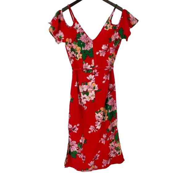 PIGALLE Daisy Red Floral Cold Shoulder Tie Midi Dress - Picture 2 of 8